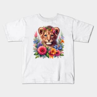 A baby lion decorated with beautiful colorful flowers. Kids T-Shirt